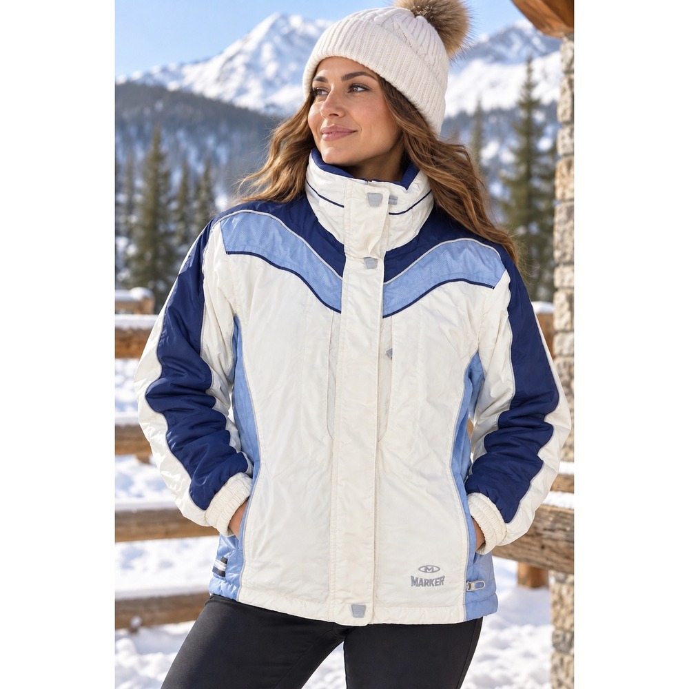 Vintage Marker Ski Jacket Womens 6 Blue White Colorblock Y2K Snowboard Coat